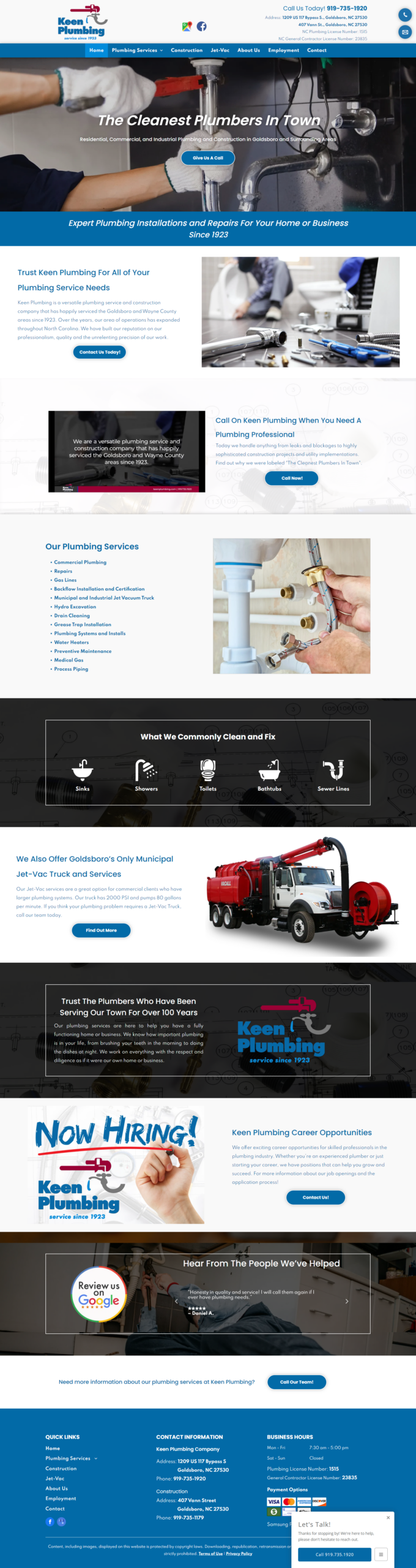 Keen Plumbing in Goldsboro, North Carolina frontpage screenshot - Signature Web Designer