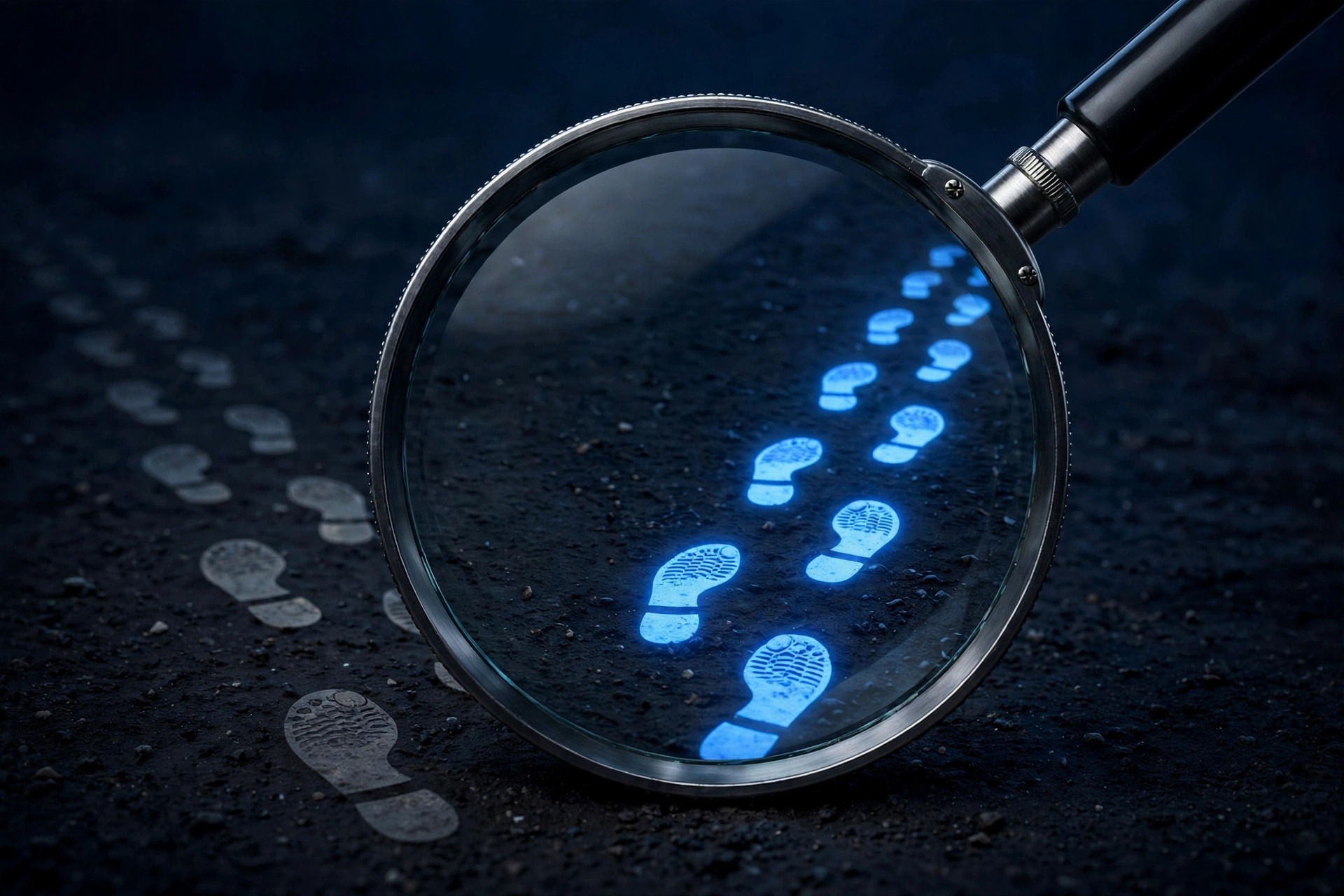 Magnifying glass over diverging footprints, one set glowing blue