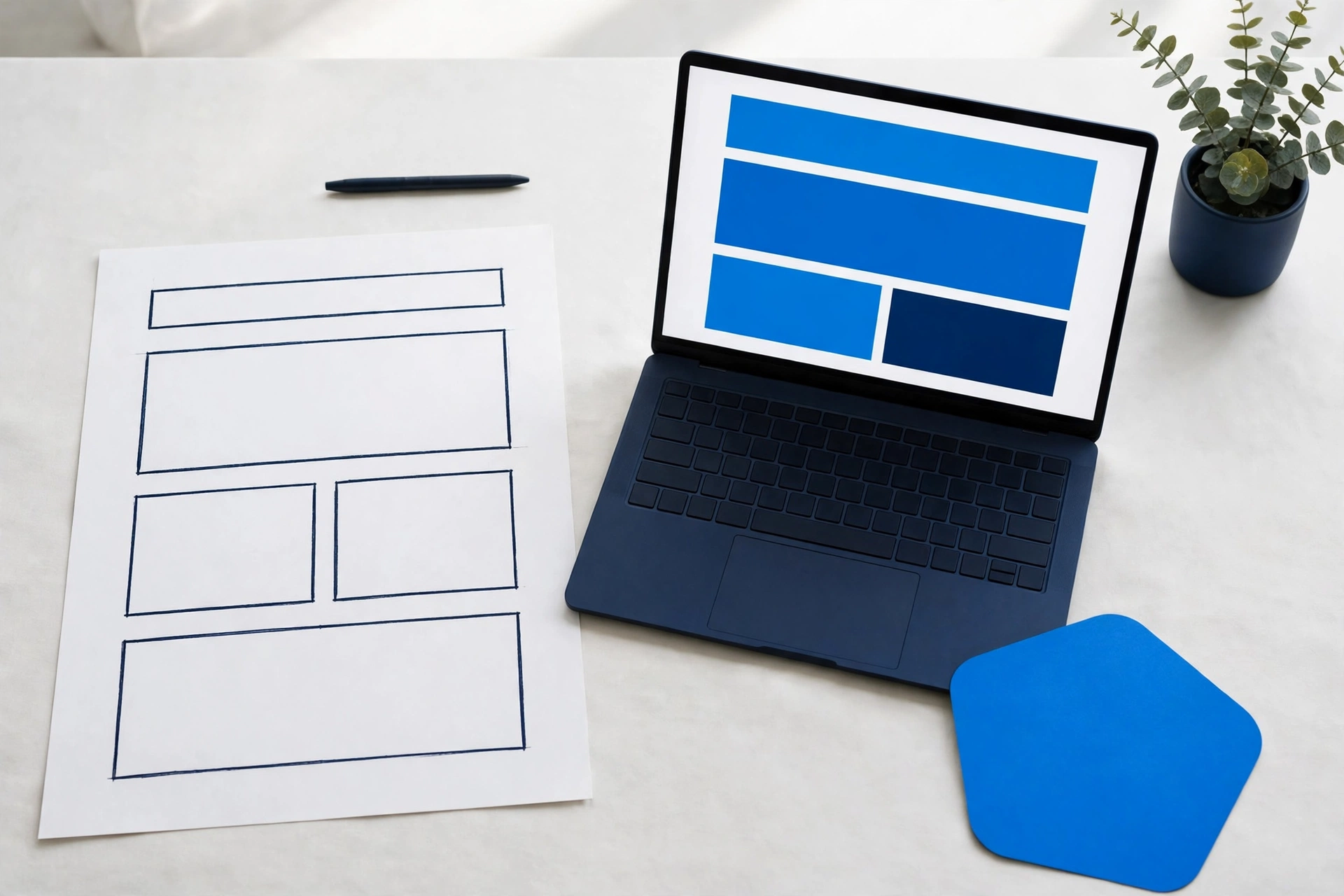 Laptop showing a website layout next to paper wireframe sketches on a desk