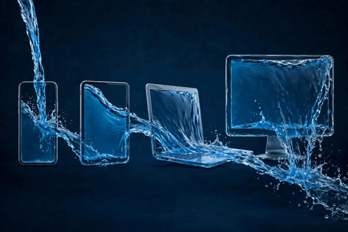 A stream of water flowing through a phone, tablet, laptop, and desktop monitor, taking the shape of each screen — representing one website designed to work on every platform.