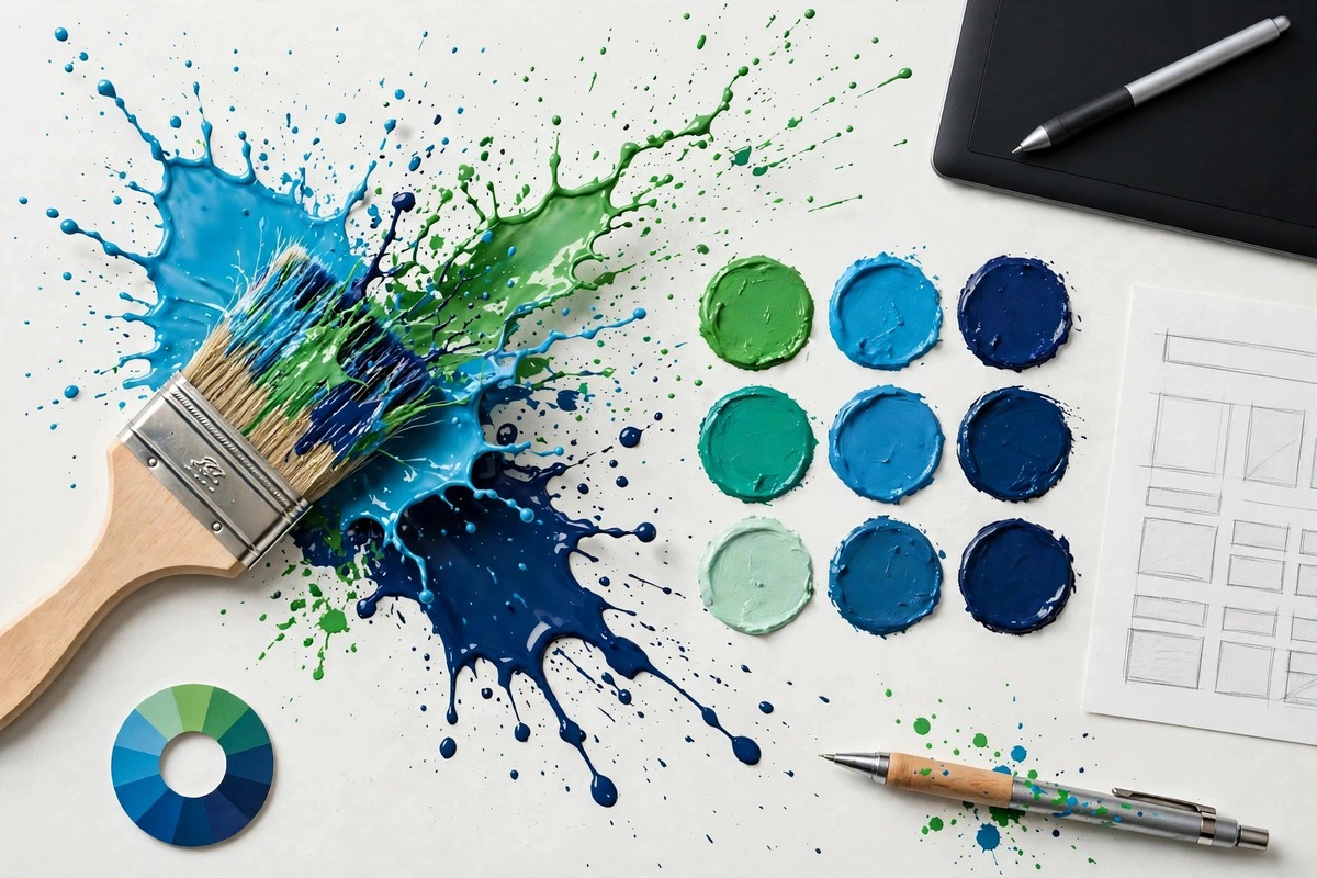 Graphic design paint brush with color swatches, wireframe sketch, graphics tablet and color wheel