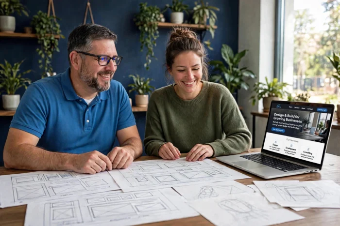 Web designer in a blue polo reviewing a finished website on a laptop with a small business owner, wireframe sketches on the desk
