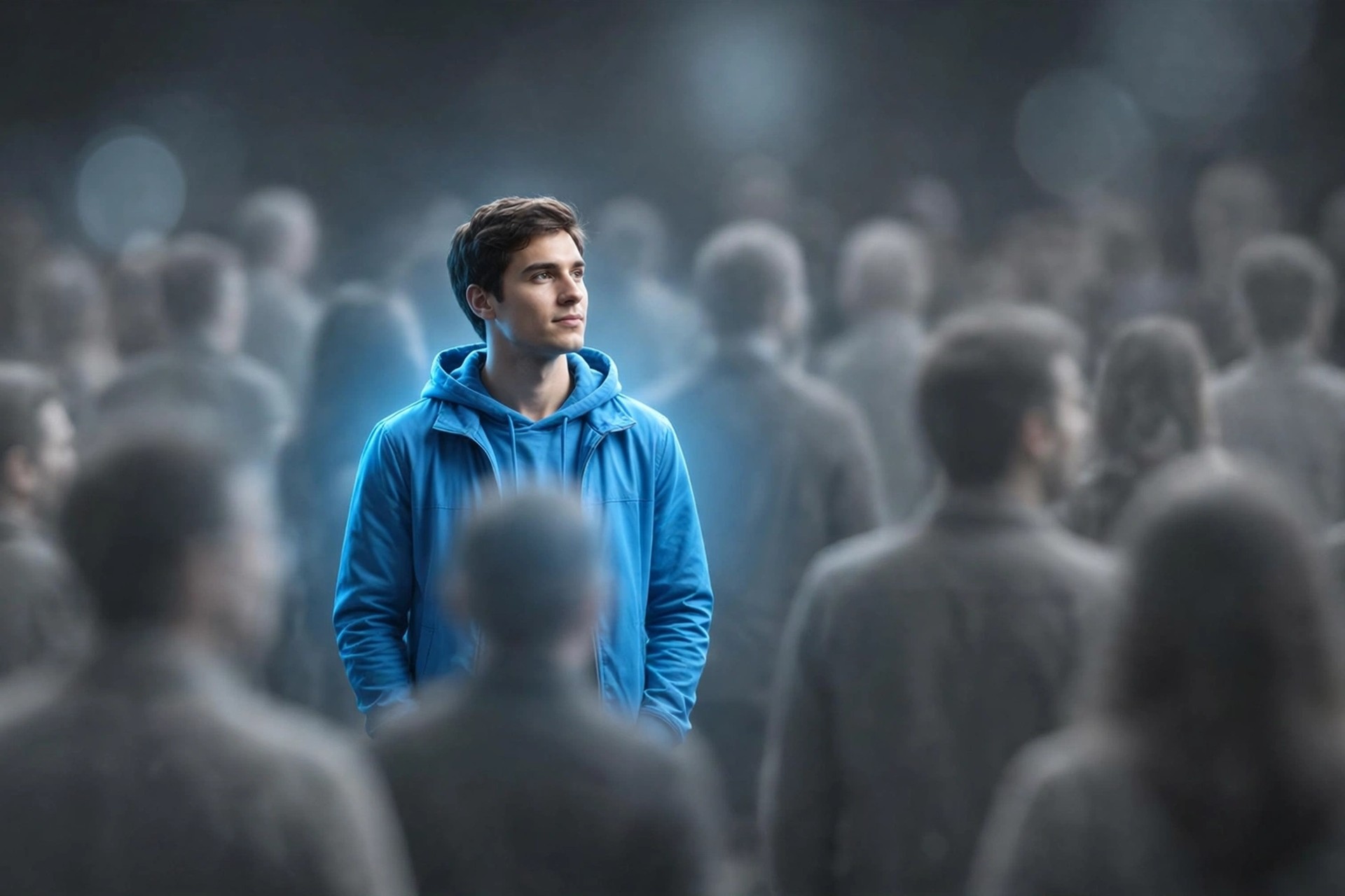 One person in bright blue standing out in focus from a grey crowd