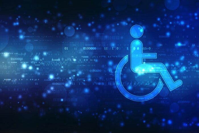 Glowing blue wheelchair accessibility symbol over a digital binary code background, representing online web accessibility