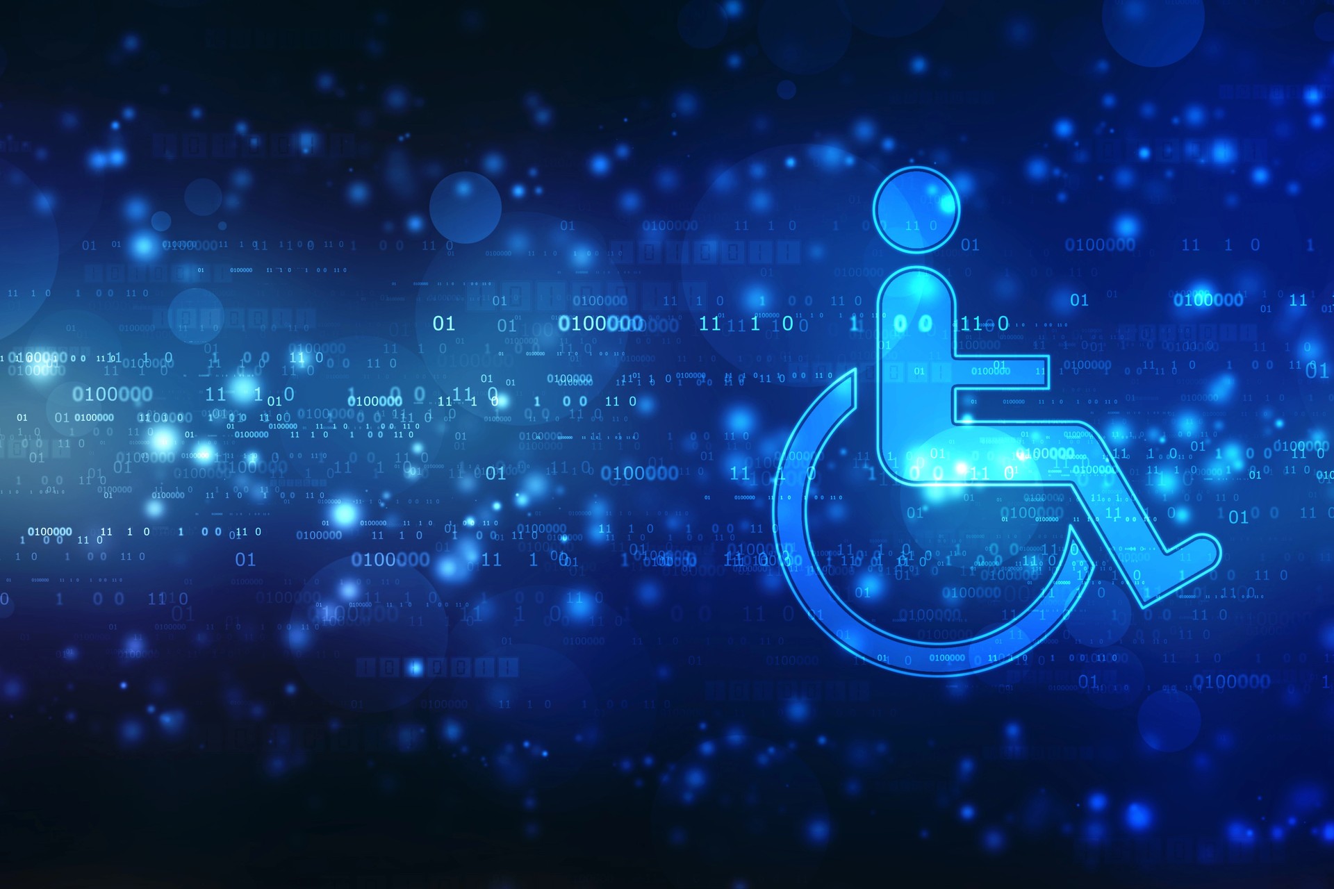 Glowing blue wheelchair accessibility symbol over a digital binary code background, representing online web accessibility